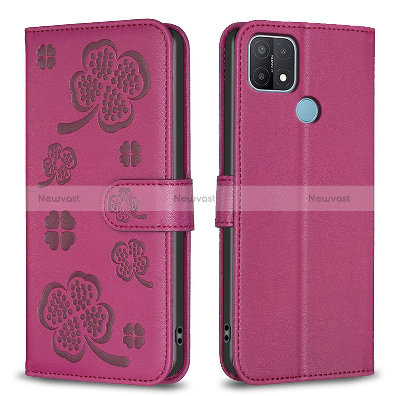 Leather Case Stands Flip Flowers Cover Holder BF2 for Oppo A15 Hot Pink
