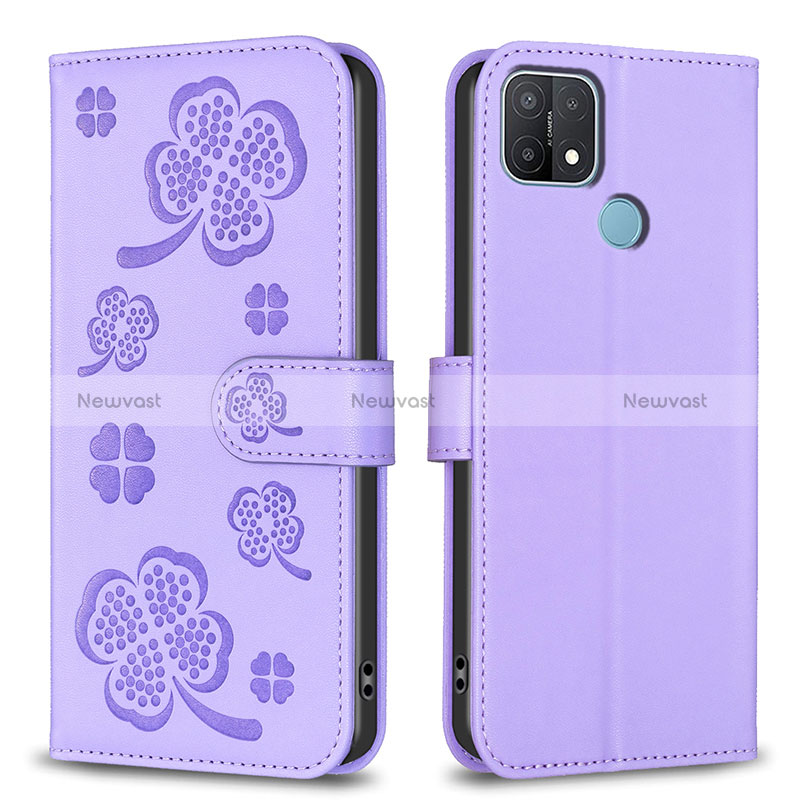 Leather Case Stands Flip Flowers Cover Holder BF2 for Oppo A15 Purple