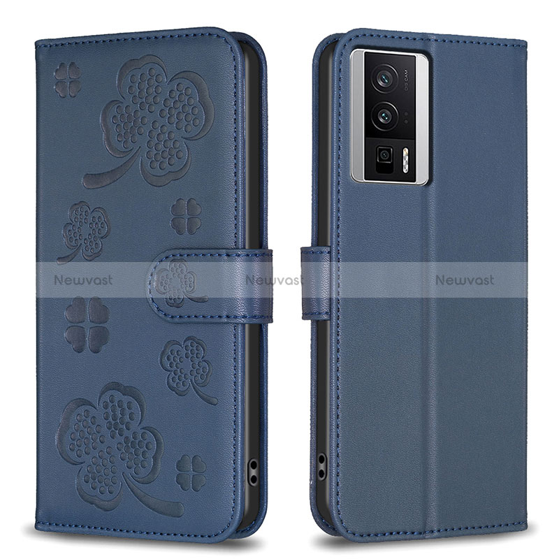 Leather Case Stands Flip Flowers Cover Holder BF2 for Xiaomi Redmi K60 5G Blue