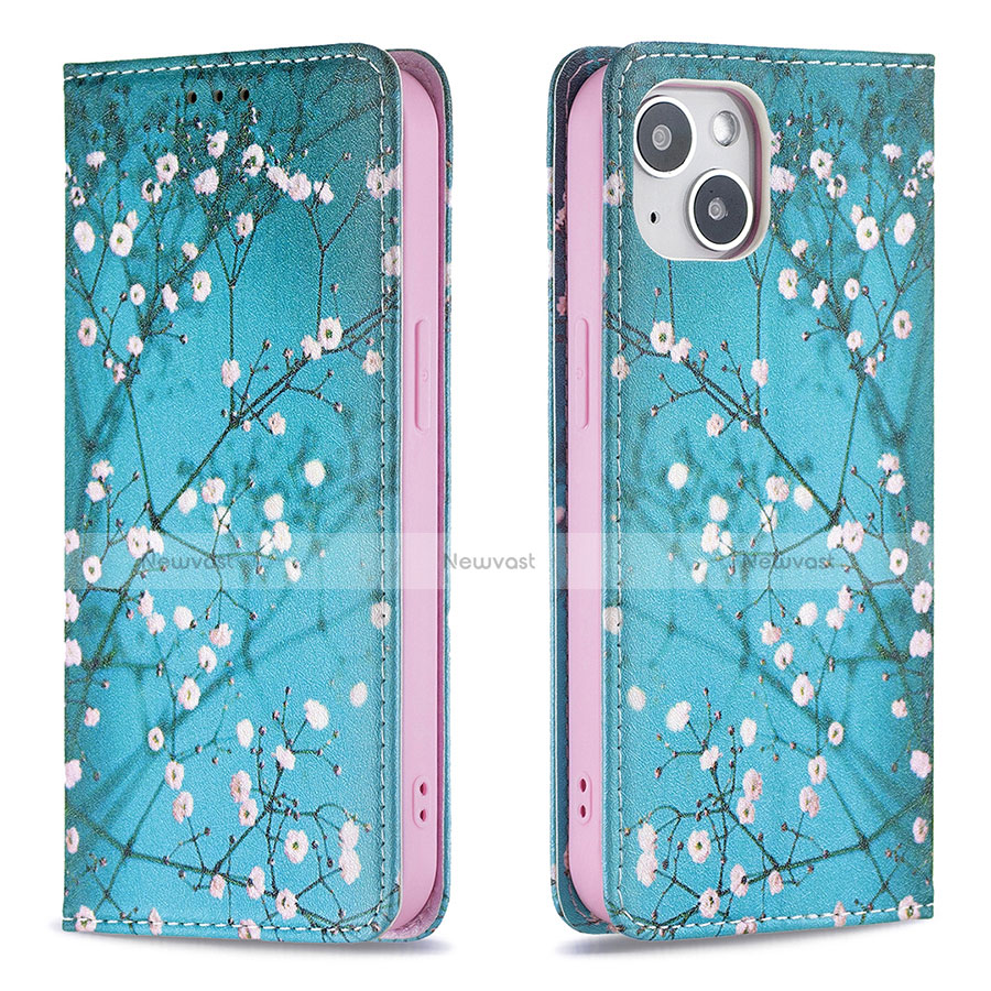 Leather Case Stands Flip Flowers Cover Holder for Apple iPhone 13 Cyan