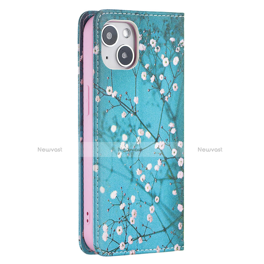 Leather Case Stands Flip Flowers Cover Holder for Apple iPhone 13 Cyan