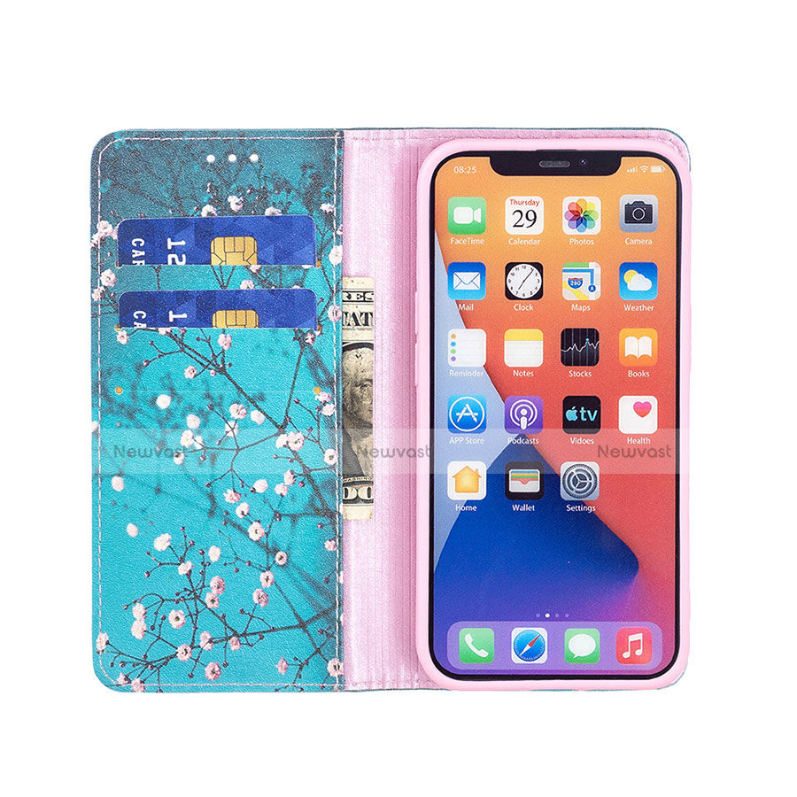 Leather Case Stands Flip Flowers Cover Holder for Apple iPhone 13 Cyan