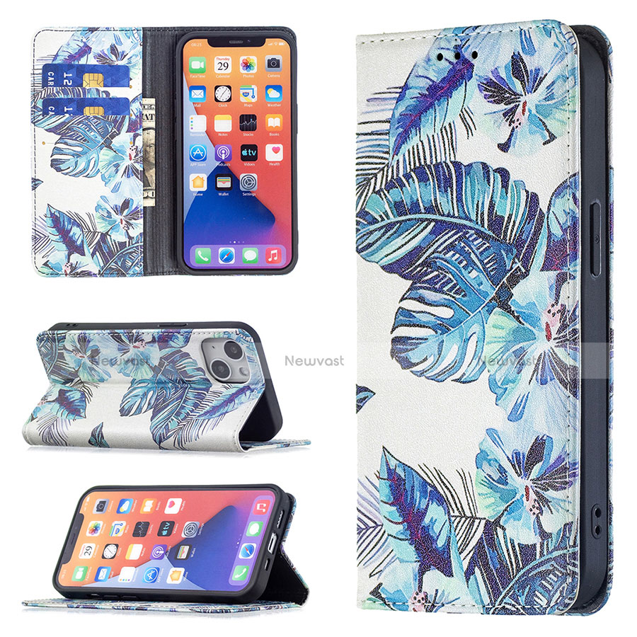 Leather Case Stands Flip Flowers Cover Holder for Apple iPhone 13 Mini Blue
