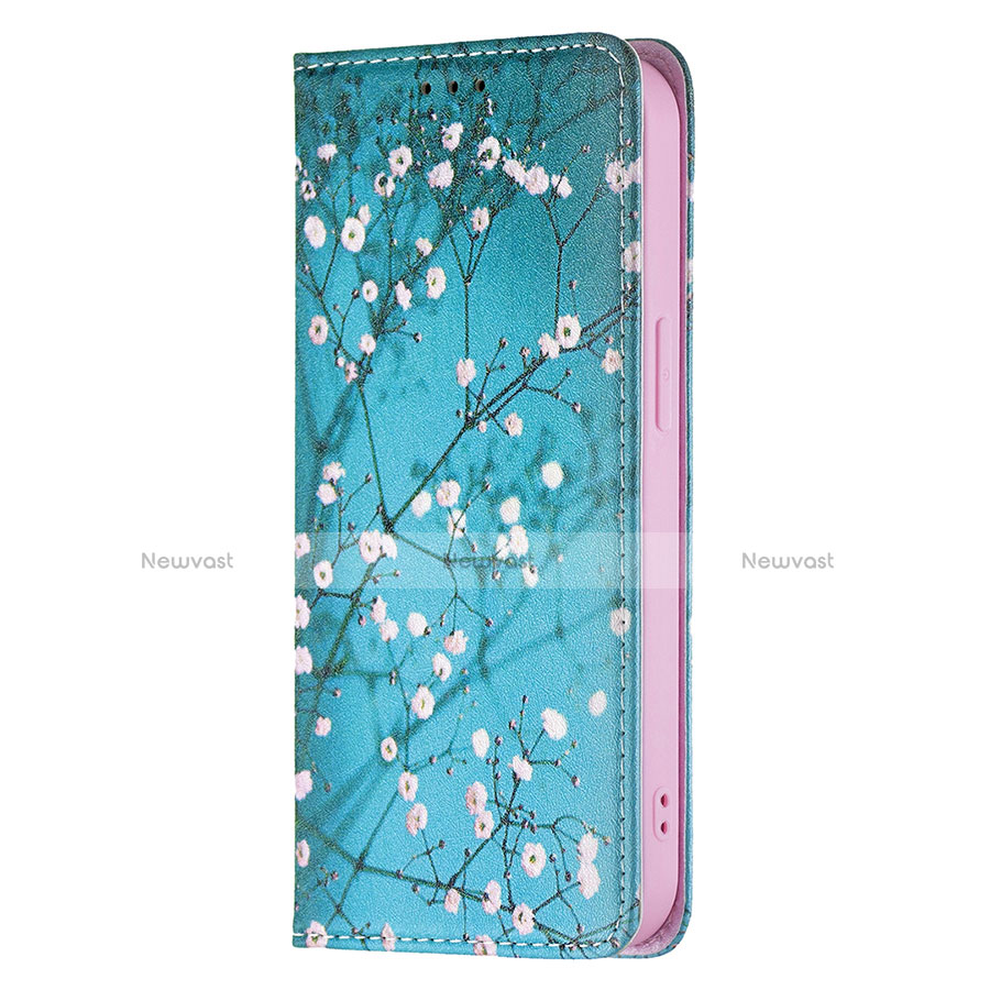 Leather Case Stands Flip Flowers Cover Holder for Apple iPhone 13 Mini Cyan