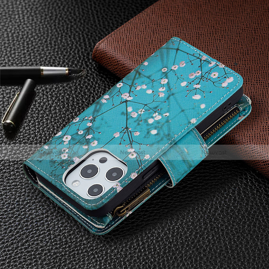 Leather Case Stands Flip Flowers Cover Holder for Apple iPhone 13 Pro Cyan