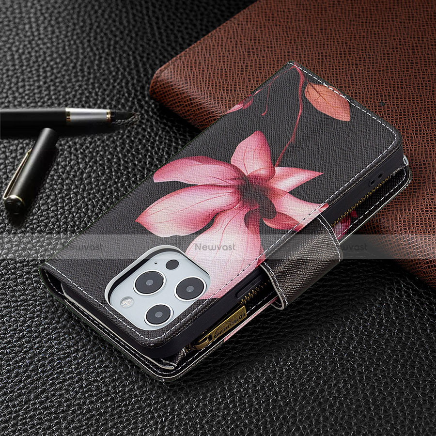 Leather Case Stands Flip Flowers Cover Holder for Apple iPhone 13 Pro Max Brown
