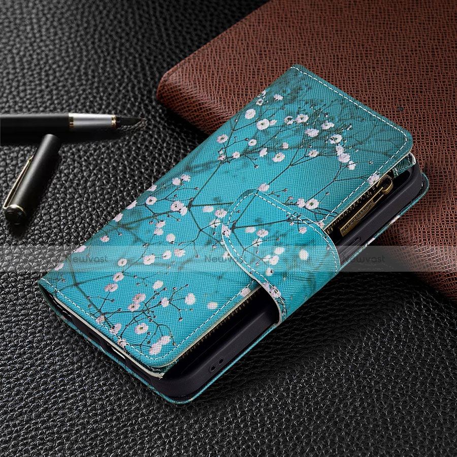 Leather Case Stands Flip Flowers Cover Holder for Apple iPhone 13 Pro Max Cyan