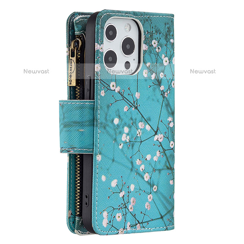 Leather Case Stands Flip Flowers Cover Holder for Apple iPhone 14 Pro Cyan