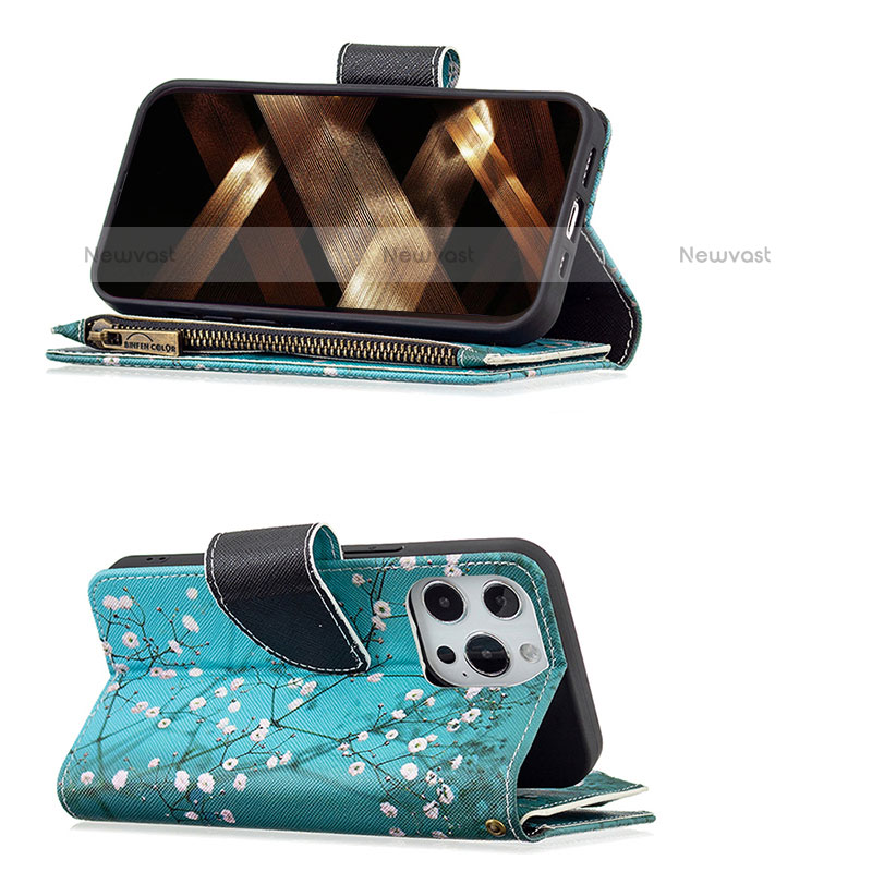 Leather Case Stands Flip Flowers Cover Holder for Apple iPhone 14 Pro Cyan