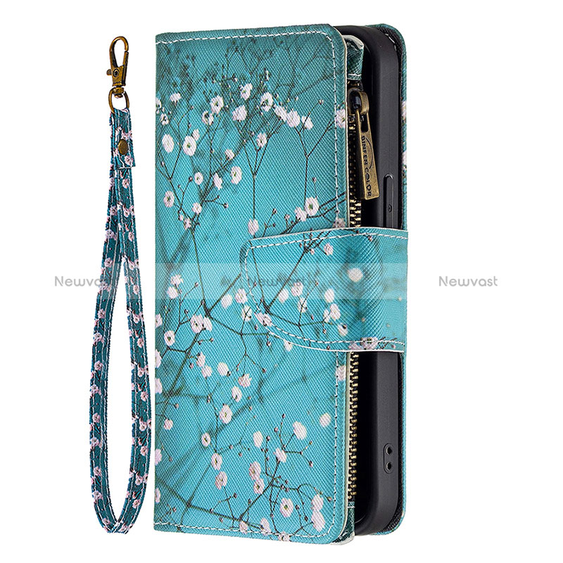 Leather Case Stands Flip Flowers Cover Holder for Apple iPhone 14 Pro Max Cyan