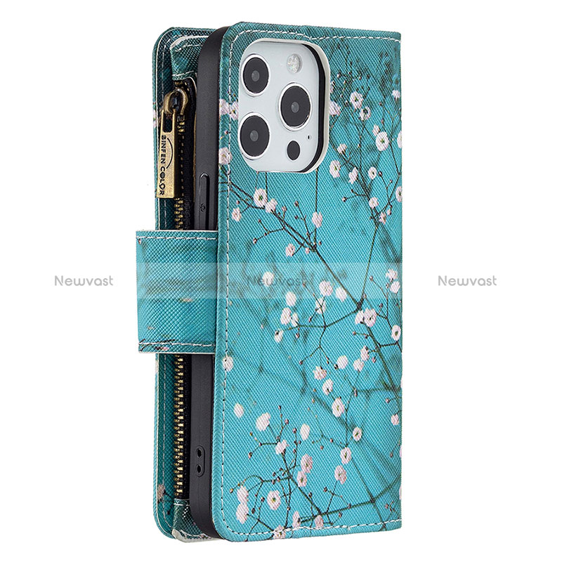Leather Case Stands Flip Flowers Cover Holder for Apple iPhone 14 Pro Max Cyan