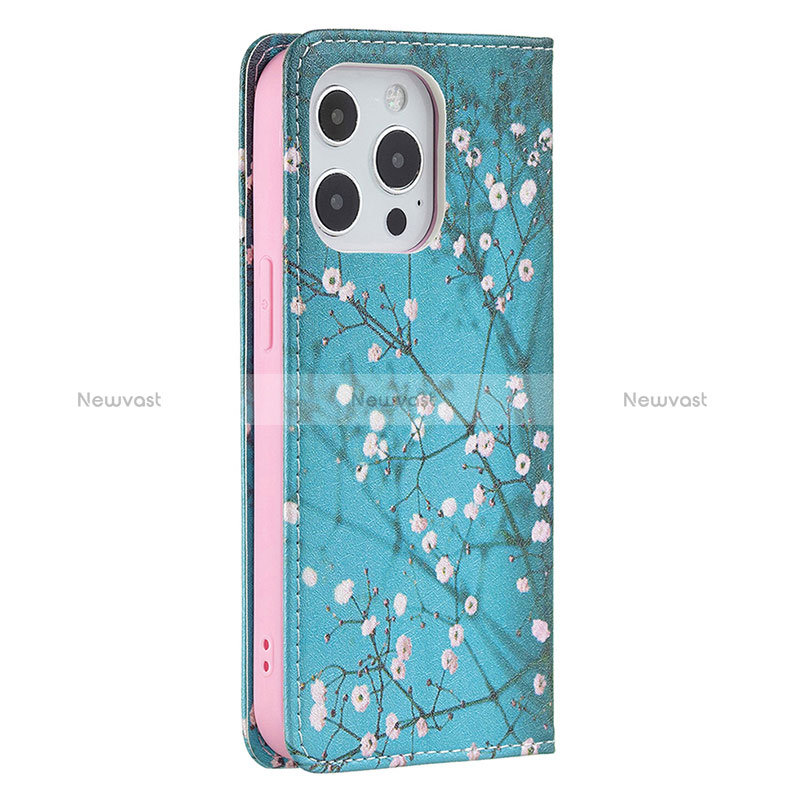Leather Case Stands Flip Flowers Cover Holder for Apple iPhone 14 Pro Max Sky Blue