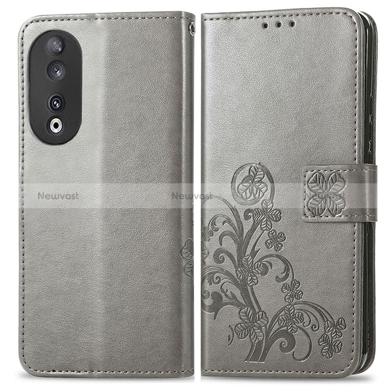 Leather Case Stands Flip Flowers Cover Holder for Huawei Honor 90 5G Gray