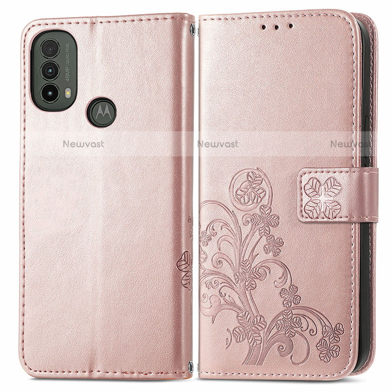 Leather Case Stands Flip Flowers Cover Holder for Motorola Moto E40 Pink