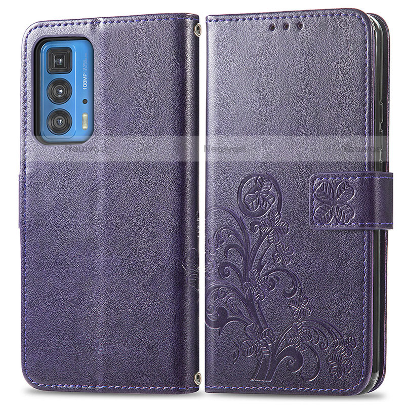 Leather Case Stands Flip Flowers Cover Holder for Motorola Moto Edge 20 Pro 5G Purple