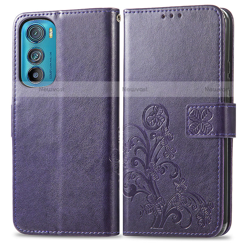 Leather Case Stands Flip Flowers Cover Holder for Motorola Moto Edge 30 5G Purple