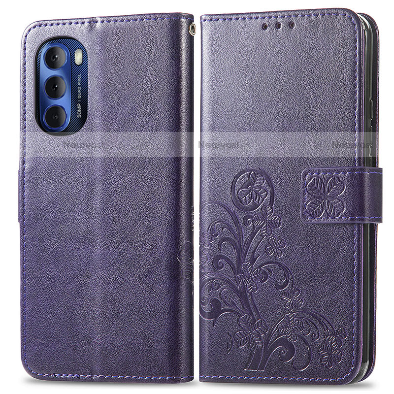 Leather Case Stands Flip Flowers Cover Holder for Motorola Moto G Stylus (2022) 4G Purple