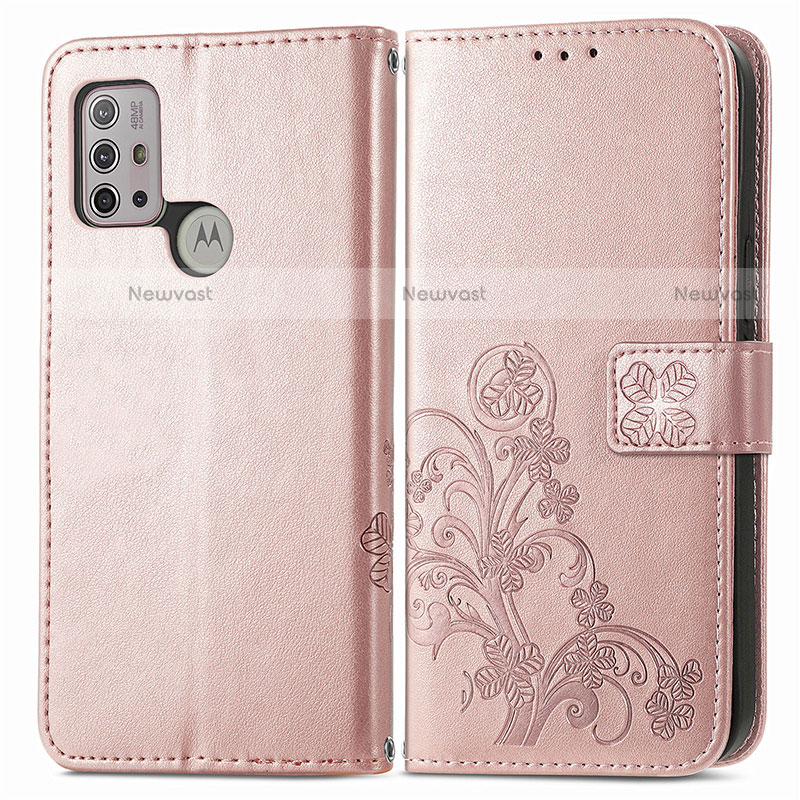 Leather Case Stands Flip Flowers Cover Holder for Motorola Moto G10 Power Pink