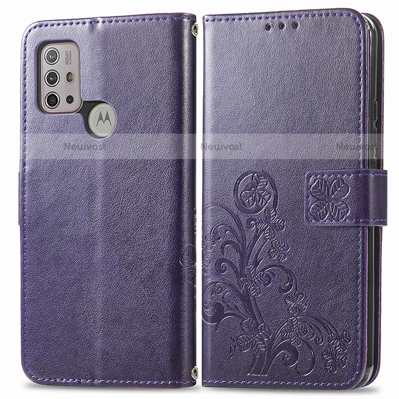 Leather Case Stands Flip Flowers Cover Holder for Motorola Moto G10 Purple