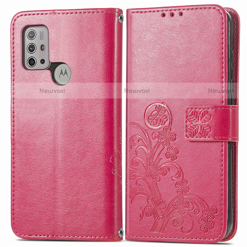 Leather Case Stands Flip Flowers Cover Holder for Motorola Moto G10 Red