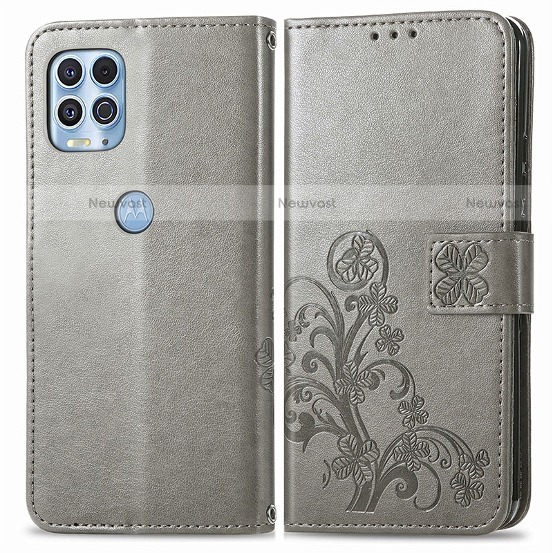 Leather Case Stands Flip Flowers Cover Holder for Motorola Moto G100 5G Gray