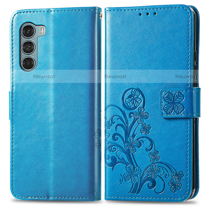 Leather Case Stands Flip Flowers Cover Holder for Motorola Moto G200 5G Blue