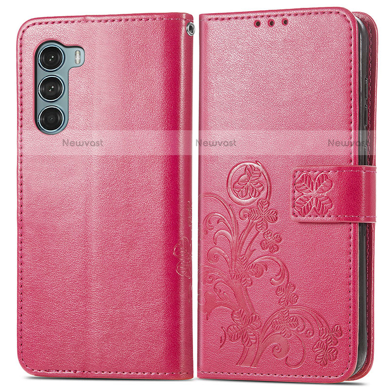 Leather Case Stands Flip Flowers Cover Holder for Motorola Moto G200 5G Red