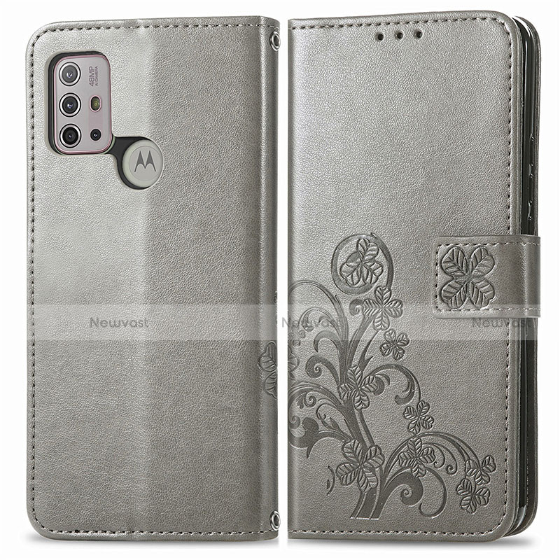 Leather Case Stands Flip Flowers Cover Holder for Motorola Moto G30 Gray