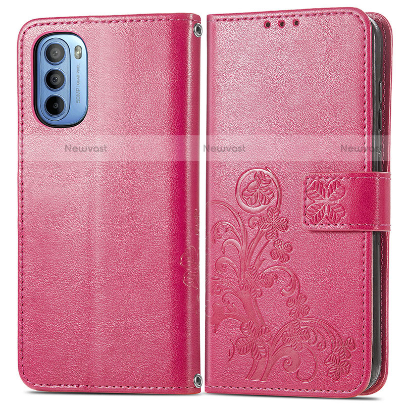 Leather Case Stands Flip Flowers Cover Holder for Motorola Moto G31 Red