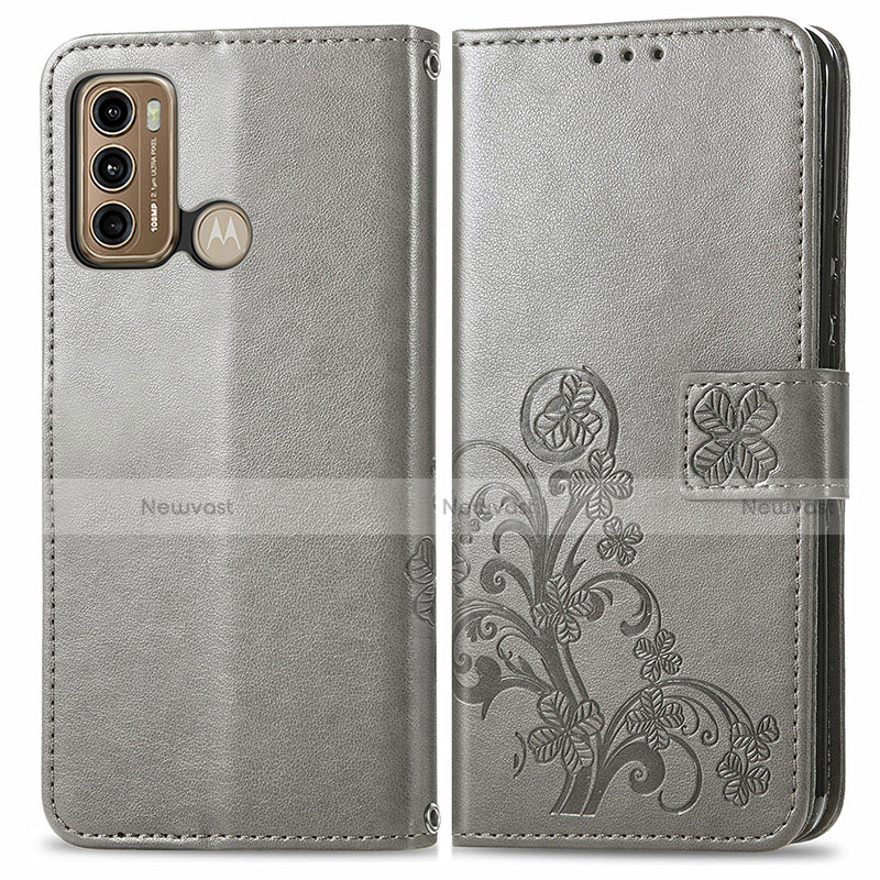 Leather Case Stands Flip Flowers Cover Holder for Motorola Moto G40 Fusion Gray
