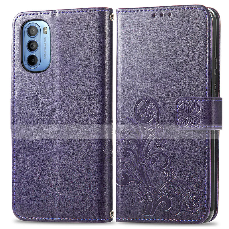 Leather Case Stands Flip Flowers Cover Holder for Motorola Moto G41 Purple