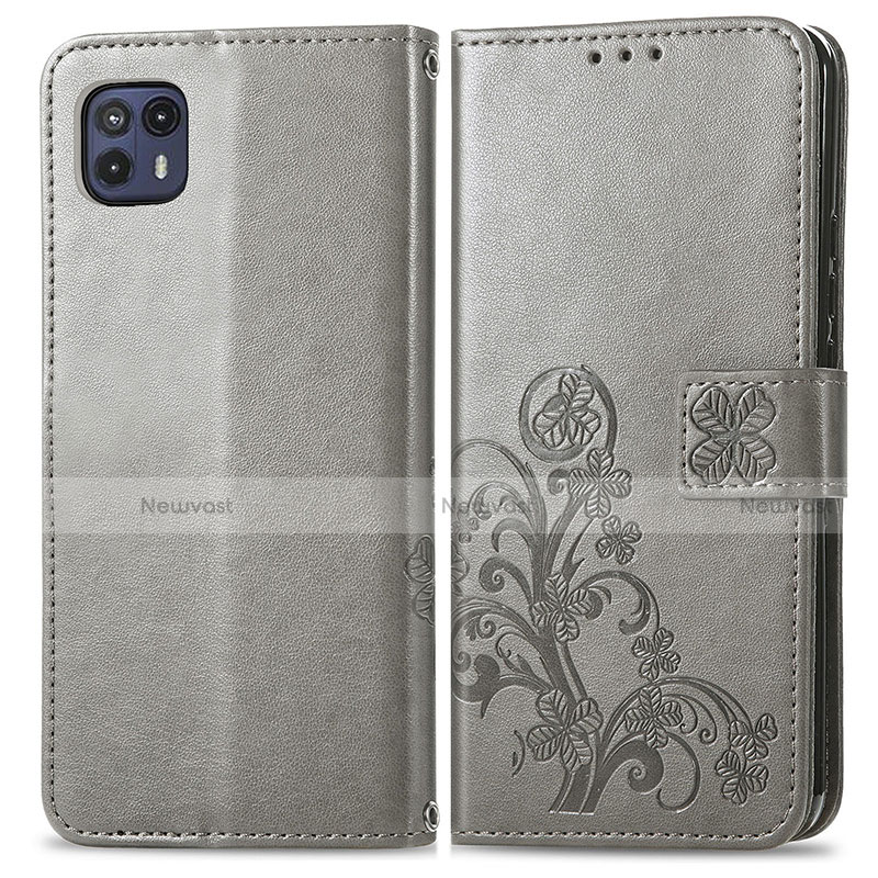 Leather Case Stands Flip Flowers Cover Holder for Motorola Moto G50 5G Gray