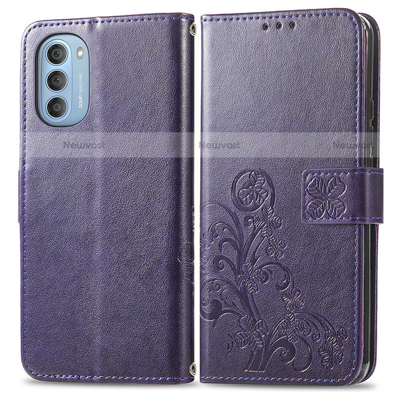 Leather Case Stands Flip Flowers Cover Holder for Motorola Moto G51 5G Purple