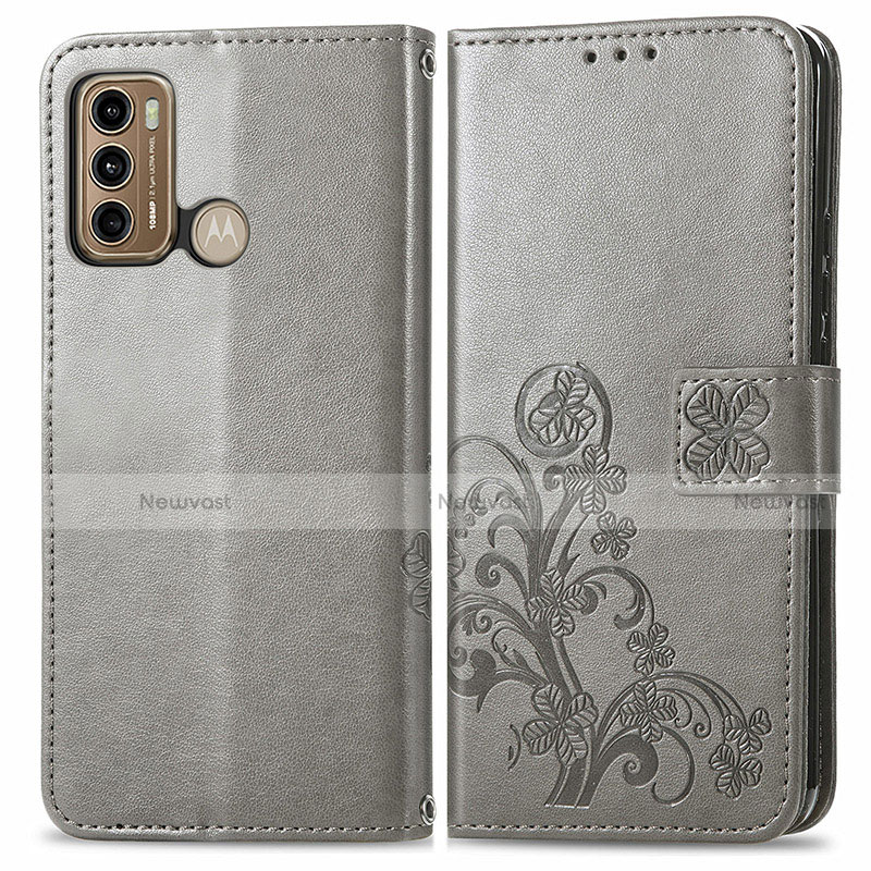 Leather Case Stands Flip Flowers Cover Holder for Motorola Moto G60 Gray