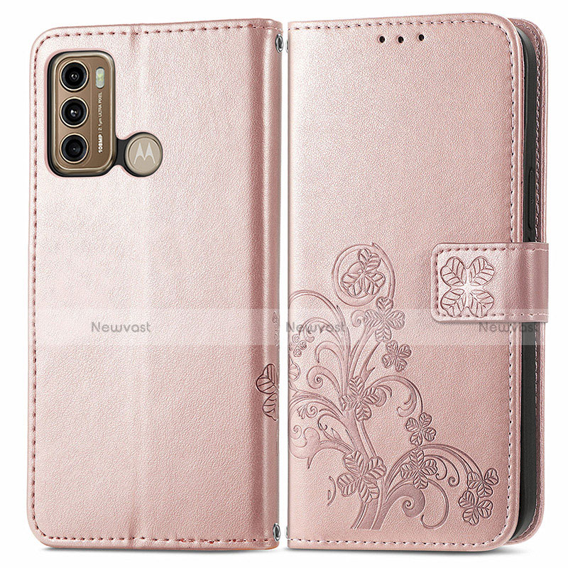 Leather Case Stands Flip Flowers Cover Holder for Motorola Moto G60 Pink