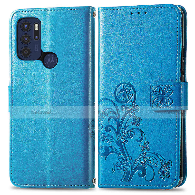 Leather Case Stands Flip Flowers Cover Holder for Motorola Moto G60s Blue