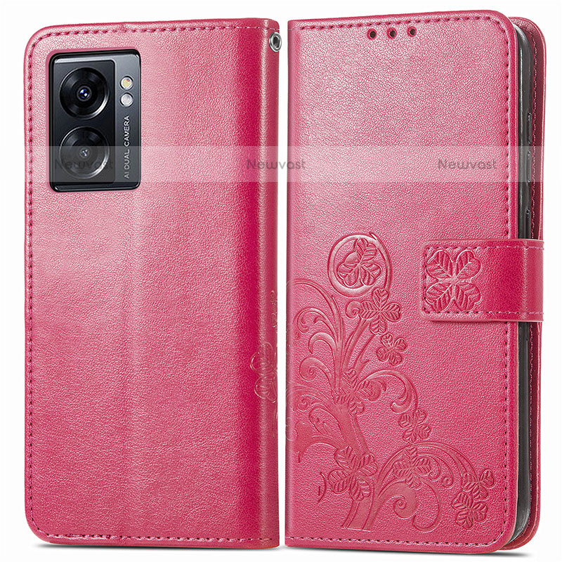 Leather Case Stands Flip Flowers Cover Holder for OnePlus Nord N300 5G Red