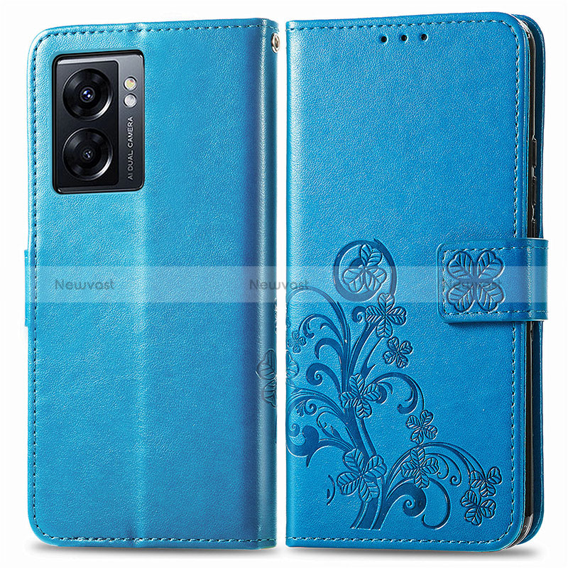 Leather Case Stands Flip Flowers Cover Holder for Oppo A56S 5G Blue