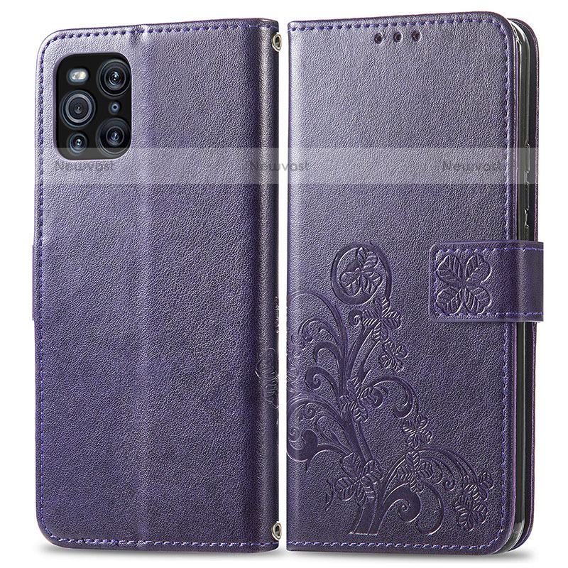 Leather Case Stands Flip Flowers Cover Holder for Oppo Find X3 Pro 5G Purple