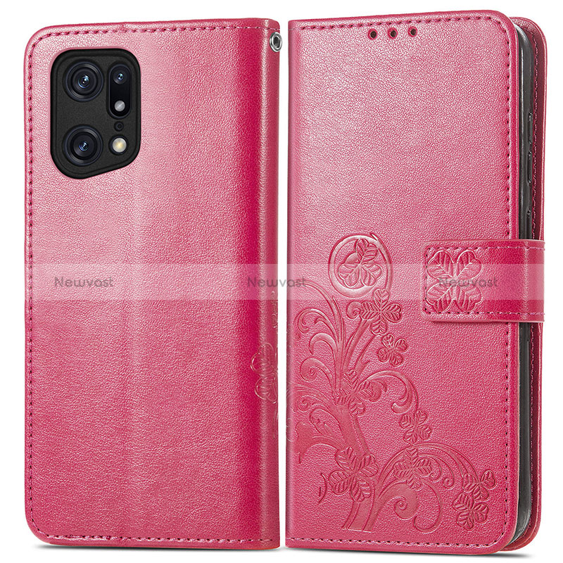 Leather Case Stands Flip Flowers Cover Holder for Oppo Find X5 5G Red