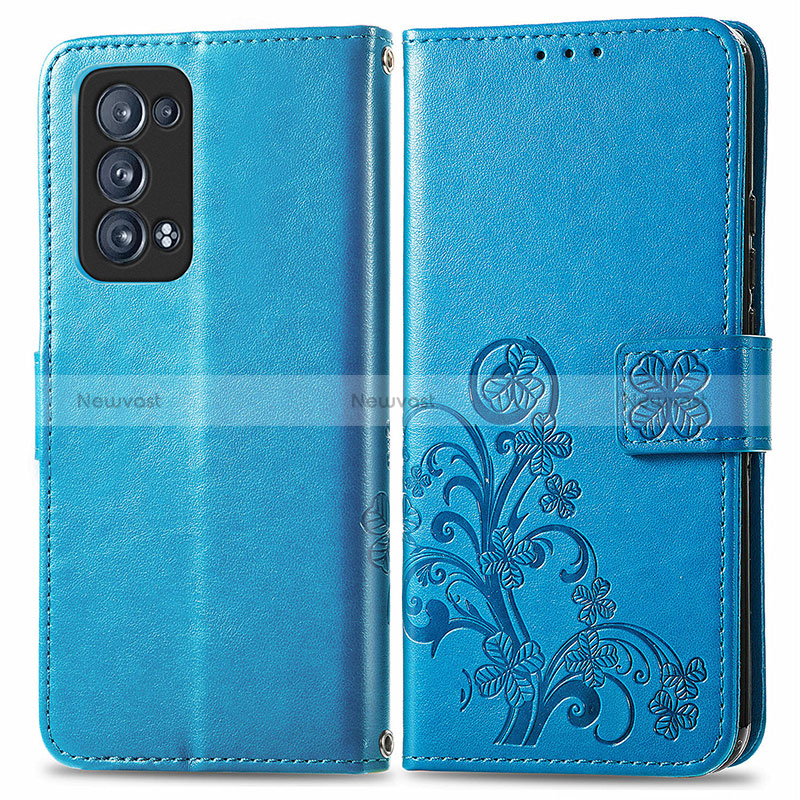 Leather Case Stands Flip Flowers Cover Holder for Oppo Reno6 Pro 5G Blue