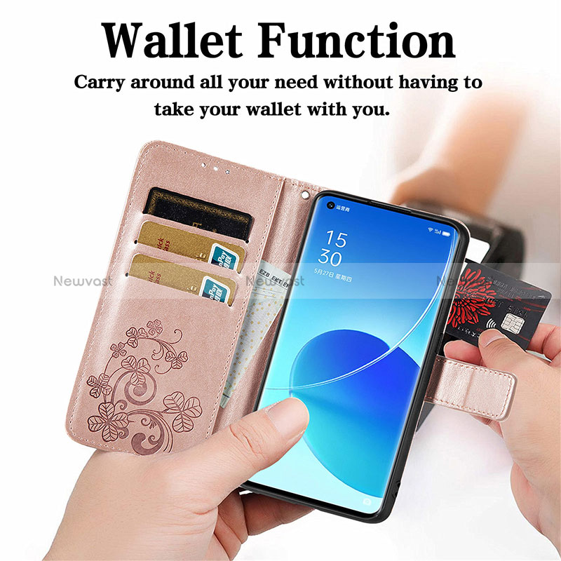 Leather Case Stands Flip Flowers Cover Holder for Oppo Reno6 Pro+ Plus 5G