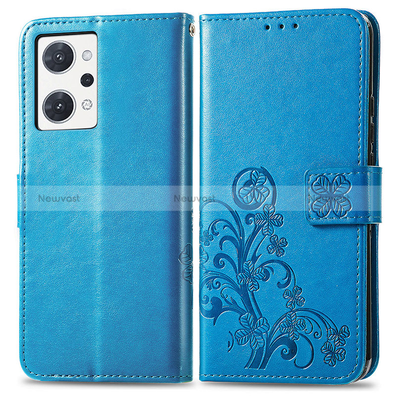 Leather Case Stands Flip Flowers Cover Holder for Oppo Reno7 A Blue