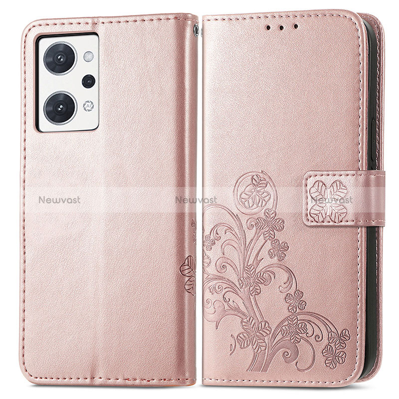 Leather Case Stands Flip Flowers Cover Holder for Oppo Reno7 A Pink