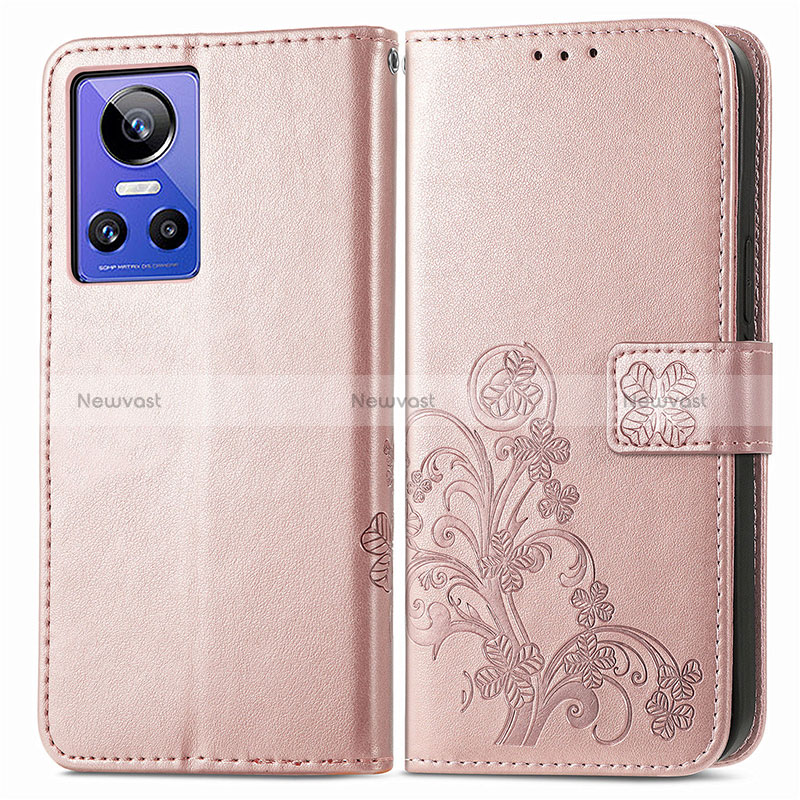 Leather Case Stands Flip Flowers Cover Holder for Realme GT Neo3 5G Rose Gold
