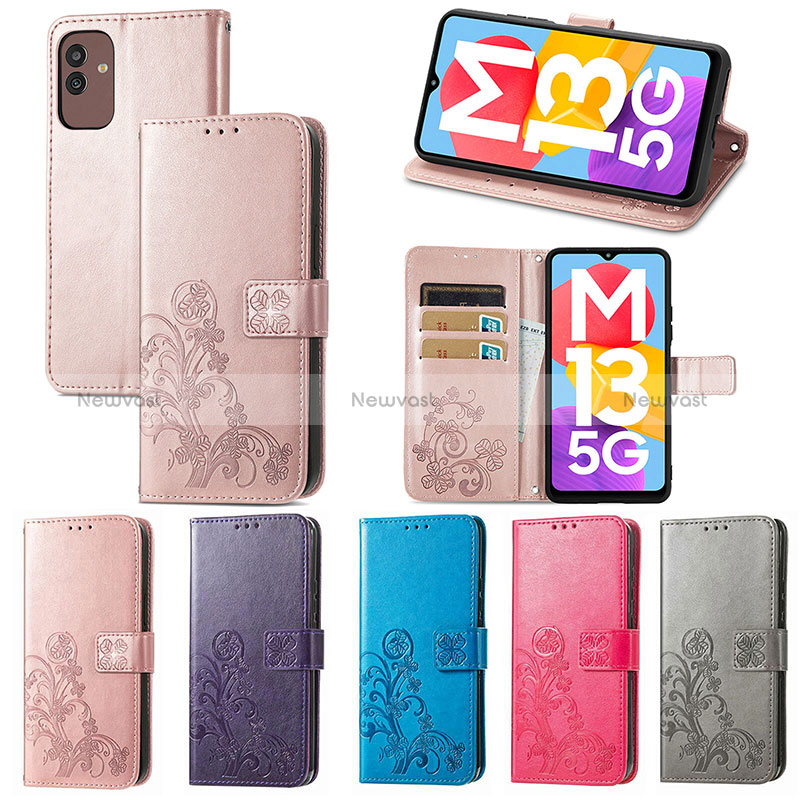 Leather Case Stands Flip Flowers Cover Holder for Samsung Galaxy M13 5G