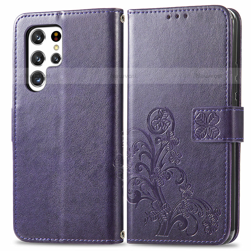 Leather Case Stands Flip Flowers Cover Holder for Samsung Galaxy S21 Ultra 5G Purple