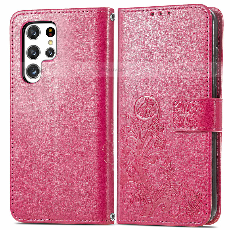 Leather Case Stands Flip Flowers Cover Holder for Samsung Galaxy S21 Ultra 5G Red