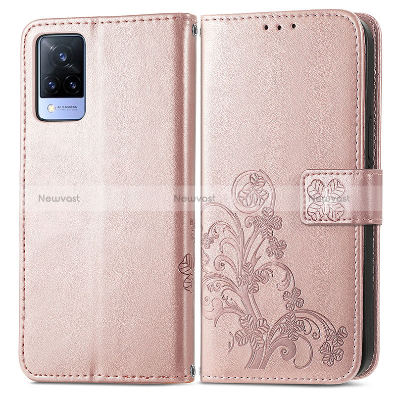 Leather Case Stands Flip Flowers Cover Holder for Vivo V21s 5G Pink