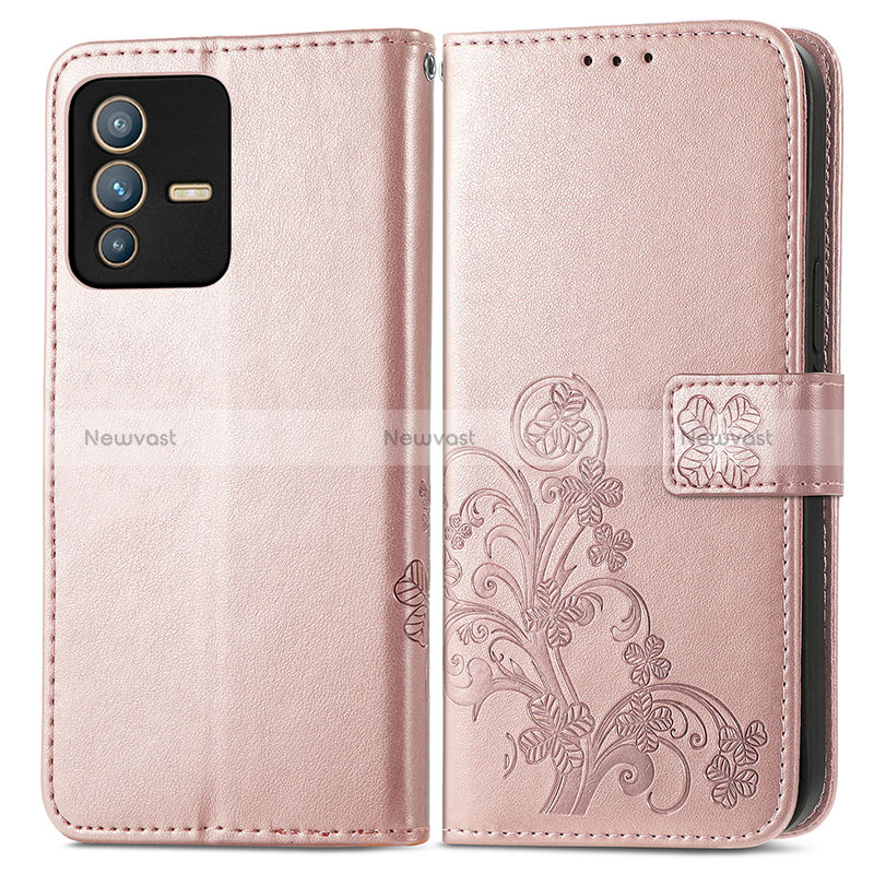 Leather Case Stands Flip Flowers Cover Holder for Vivo V23 Pro 5G Pink